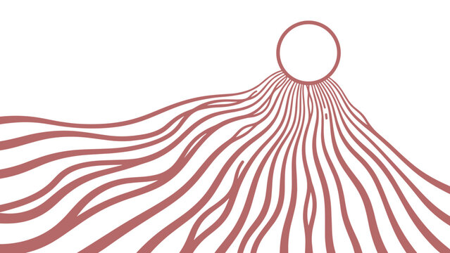 Abstract composition featuring many wavy lines converging towards a circular sun-like shape in a soft terracotta red color.