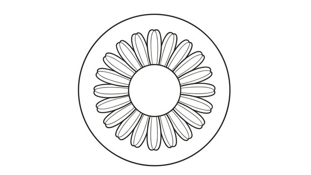 Simple line art icon of a symmetrical daisy flower with many petals enclosed in a circular border, suitable for floral designs.