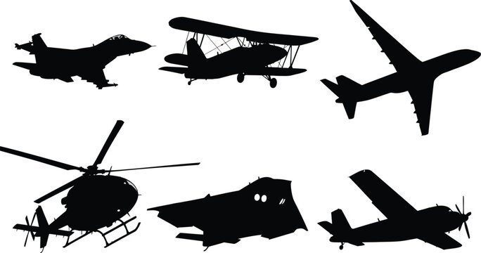 Collection of various airplane silhouettes, including passenger jets, private planes, and small aircraft vector