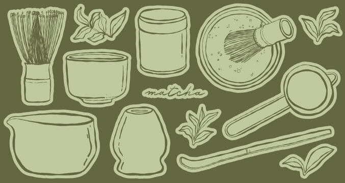 Matcha sticker set with expressive one line ink vector illustrations of Japanese tea tools. Chasen bamboo whisk, chawan bowl, chashaku scoop, sifter, cup, chasen holder, whisking matcha, leaves