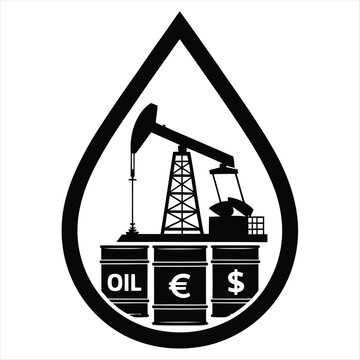 A detailed black silhouette of an oil pump jack and barrels with currency symbols inside an oil drop