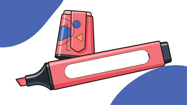 Vibrant pink highlighter pen with its cap off, set against a background with blue decorative shapes for a creative office look.