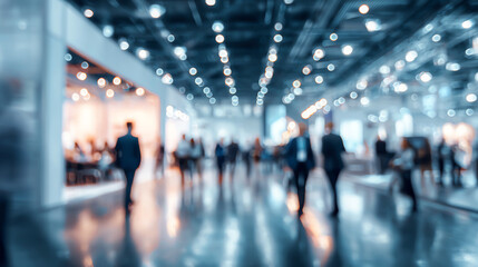 Fototapeta premium A bustling trade show scene with blurred figures and bright lights, conveying networking and innovation in business.