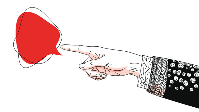 Vintage style hand pointing a finger towards a red abstract speech bubble for directional and communication concepts.