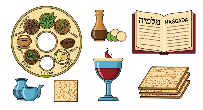 Passover seder icons set with traditional haggadah book wine cup matzah and symbolic plate items including zerao beitzah chazeret karpas and charoset
