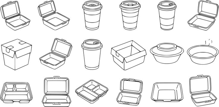 Black  White Line Art Vector Icons of Disposable Food Packaging. Takeaway Containers, Coffee Cups, Lunch Boxes, and Bowls for Restaurants, Food Delivery, and Catering Industry.
