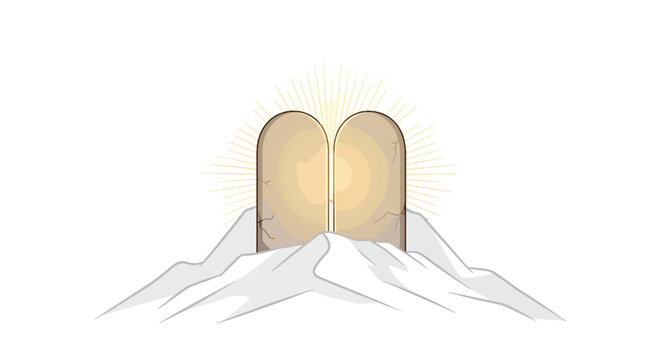 Ten commandments stone tablets on mountain peak with glowing divine light and rays for religious concept of law and covenant on mount sinai landscape