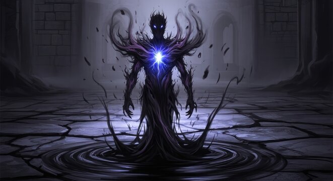 Dark ethereal shadow figure with glowing blue core in dungeon