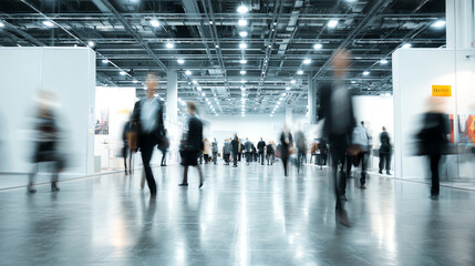 Obraz premium A busy exhibition hall filled with blurred people walking, showcasing the dynamism of modern business events.