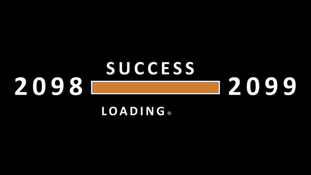 Conceptual of a loading bar indicating success is loading between the years 2098 and 2099 with the word success above and loading below on a black background