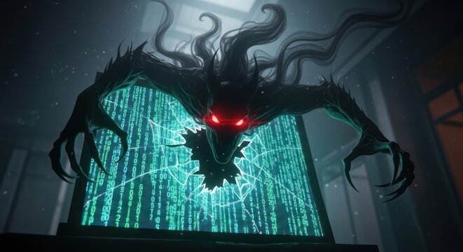 Dark demonic entity breaking through a monitor with digital code