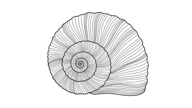 Intricate black and white engraving-style illustration of a large spiral shell captures realistic textures and fine details.