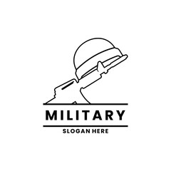 Obraz premium Military with Helmet and Rifle Line Art Logo Icon Design