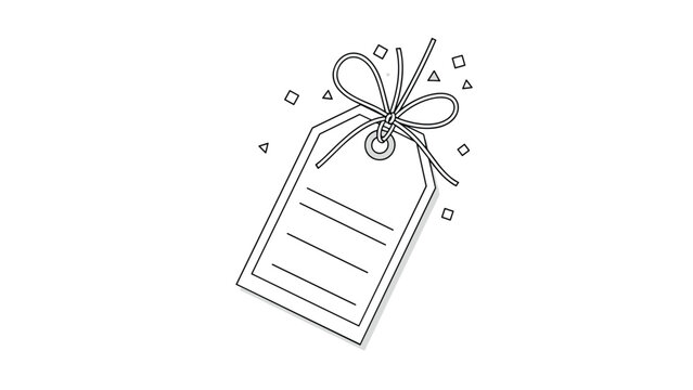 Simple black and white line art illustration of a blank price tag or gift label with a decorative string bow and confetti elements.