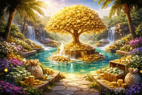 Golden Money Tree in Fantasy Garden with Waterfall and Wealth Prosperity Concept