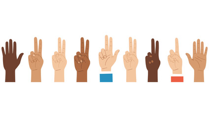 Obraz premium Diverse group of hands with different skin tones showing various finger gestures and counts from one to five on a white background.