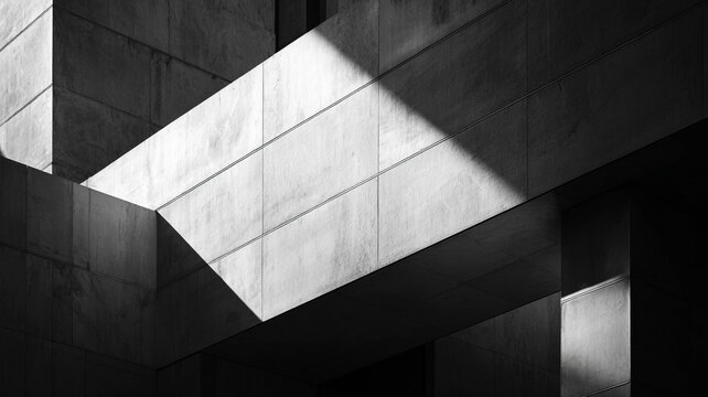 black and white abstract architecture composition with strong sunlight casting dramatic shadows across modern building surfaces