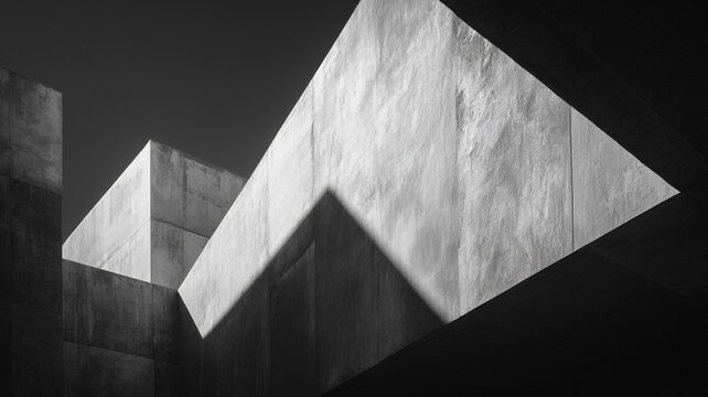black and white abstract architecture composition with strong sunlight casting dramatic shadows across modern building surfaces