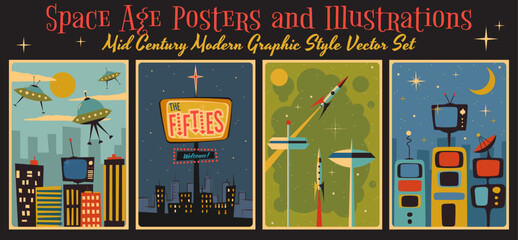 Obraz na płótnie Canvas Space Age Posters and Illustrations. Mid Century Modern Graphic Style from the 1950s. Vector Template Set from the 50s. Set for Retro Party, Event Poster, Atomic Age Style, Space Age Designs