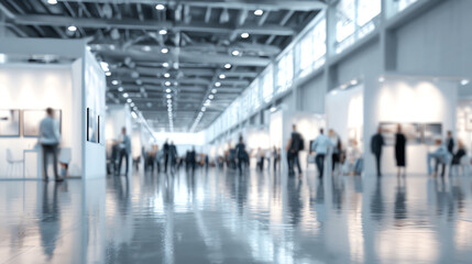 Fototapeta premium A busy trade show with blurred figures and bright lights, capturing the essence of professional networking and innovation.