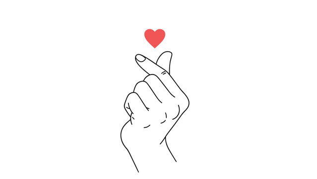 Line drawing of a hand making the popular Korean small heart finger gesture with a red heart symbol above it on white background.