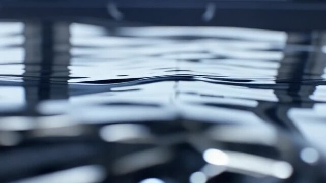 Shiny liquid surface with smooth fluid waves and reflective chrome texture creating abstract motion and natural calm blue water wave ripple reflection pattern in fluid environment