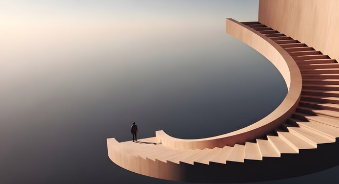 Someone stands at the end of curved wooden stairs hanging in a vast horizon.