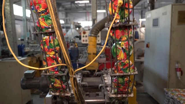 In a busy factory, an automated conveyor machine with metal lids.