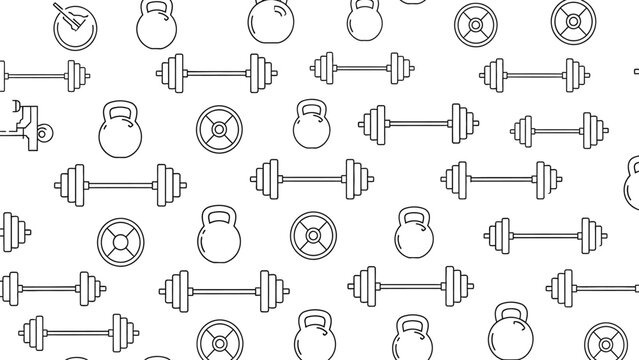 Line drawing pattern of various gym equipment icons including barbells kettlebells and weight plates for fitness and workout concepts  simple black and white design