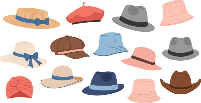 Stylish hats collection vector featuring beret, fedora, cowboy, bucket and sun hats in flat design for fashion, accessories and seasonal illustrations