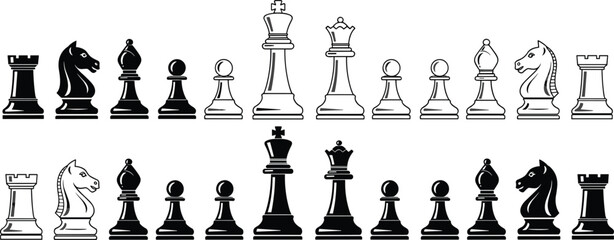 Chess pieces set illustration, black and white king queen rook bishop knight pawn, classic strategy board game vector design © MDRAKIB