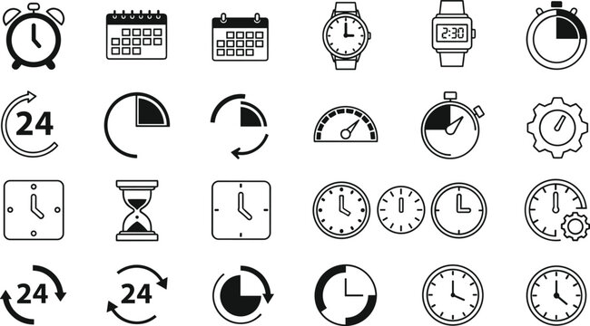 Time and clock icons vector set featuring stopwatch, calendar, timer, watch and 24 hour symbols in outline and solid styles for UI design