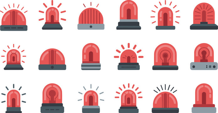 Red emergency siren flasher icons set for police ambulance fire truck and security warning signal light vector illustration.