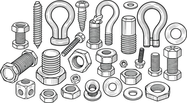 Industrial hardware set illustration, bolts nuts screws washers hooks, mechanical fasteners collection, engineering tools, monochrome vector design, construction equipment elements