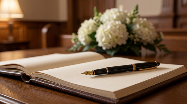 Guest book with fountain pen on wooden table for funeral of veteran. Condolence register for visitors at memorial service for American hero. Mourning ceremony and remembrance event.