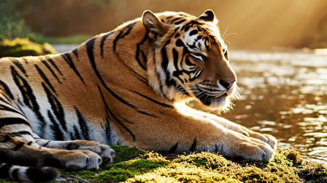 A majestic Siberian tiger with black stripes and dangerous eyes stares forward, showing the powerful face of a wild feline predator in its natural safari habitat