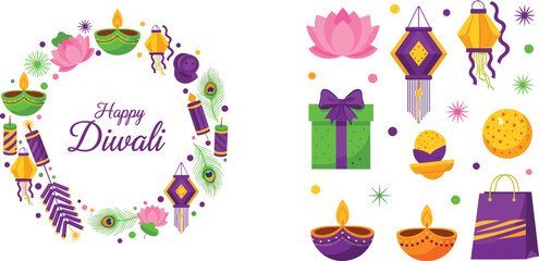 Happy Diwali Vector Set with Colorful Lanterns, Diya Lamps, Gifts, and Decorative Elements for Festival Celebrations, Greetings, and Holiday Designs © Aminul