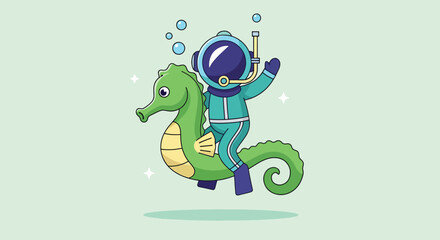 Cute cartoon diver riding a seahorse underwater. © NFS Studio
