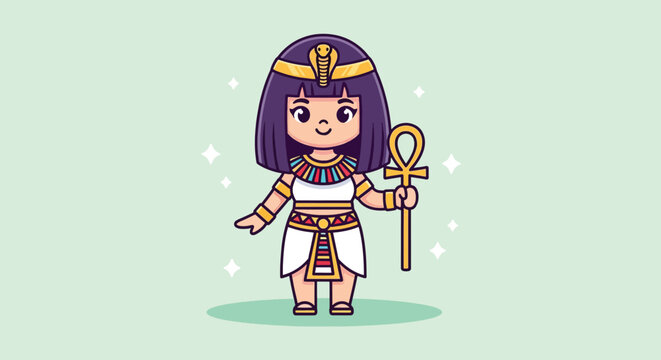 Cute Cartoon Egyptian Queen Cleopatra Holding Ankh Symbol.