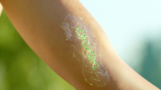 Advanced medical patch on human skin with green glowing DNA helix, gene therapy and vaccine technology concept