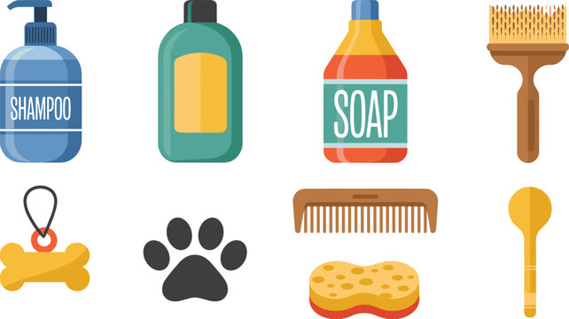 Pet grooming icons, shampoo bottle, soap, brush, comb, sponge, paw print, bone tag, grooming tools, hygiene products, vector illustration