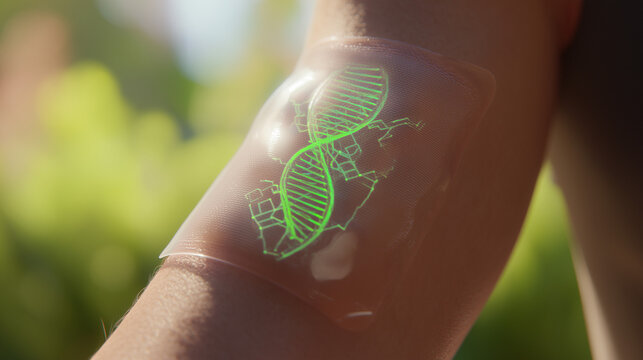 Close up of a transparent medical patch with glowing genetic DNA sequence, innovative drug delivery system