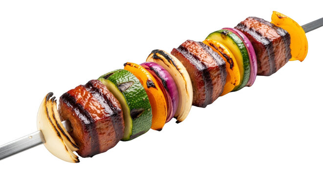 Grilled meat and vegetable skewer with colorful peppers, onions, and zucchini, isolated on transparent background