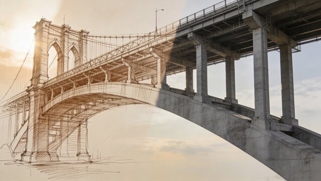 Bridge blueprint sketch transforming into reality engineering concept