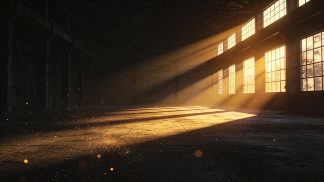 Empty warehouse interior with sunlight beams through windows concept