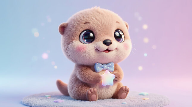 Cute Brown Otter Holding a Star on a Pastel Rug