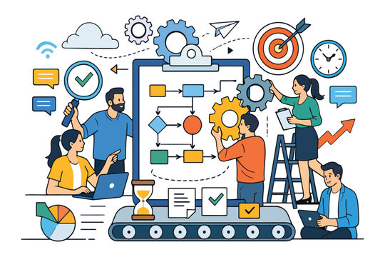 A team of diverse professionals collaborating on a complex business process optimization project