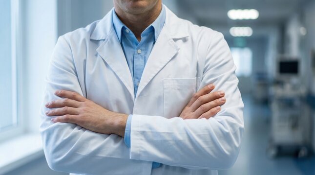 Confident Medical Professional: A doctor, radiating professionalism and expertise, stands in a modern clinic. His arms are folded, in a stance of composure.