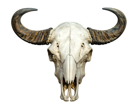 Ancient buffalo skull with large, curved horns
