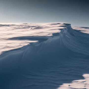 A dramatic white snowdrift created by whipping winter winds across an open field, showing intricate texture and deep shadows, coldness, frozen, quiet